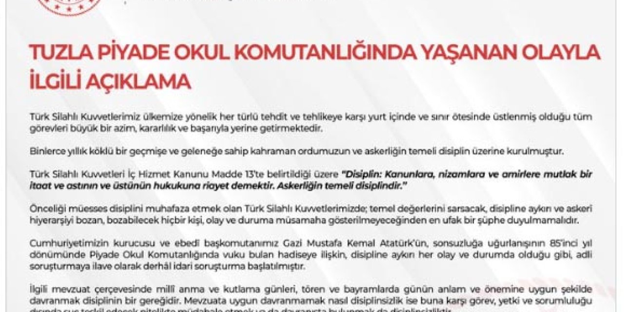 Msb'den 'Tuzla Piyade Okulu' Açıklaması; Henüz Disiplin İşlemi Uygulanmamıştır