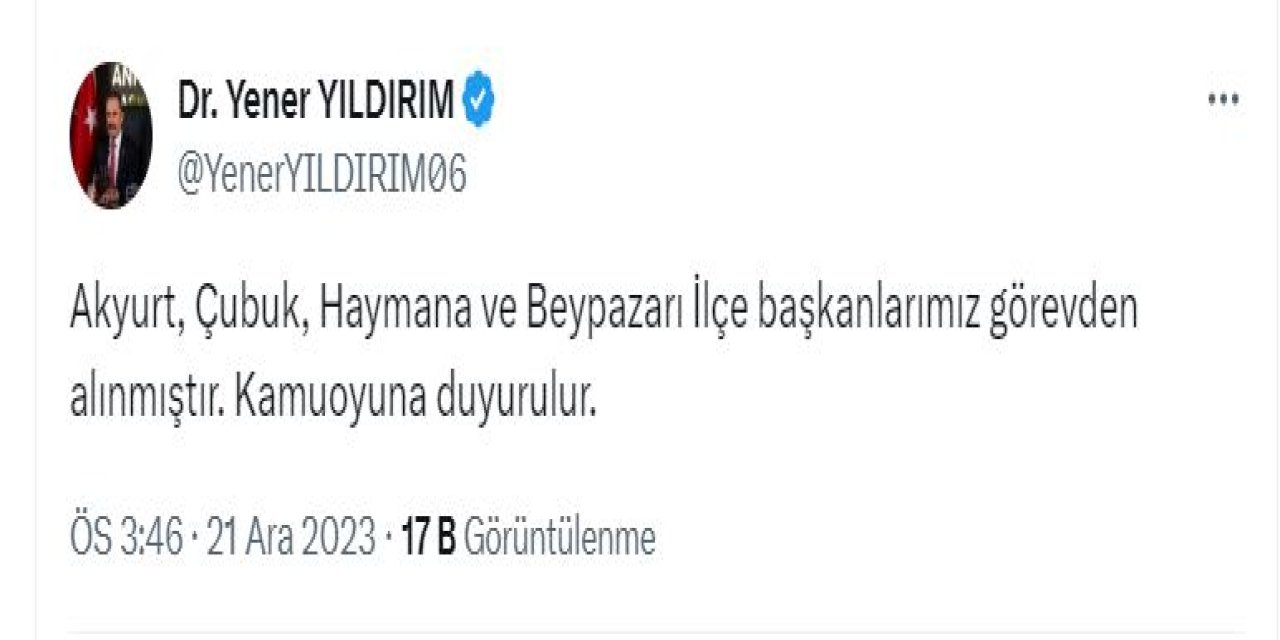 Ankara'da İyi Parti'nin 4 İlçe Başkanı Görevden Alındı