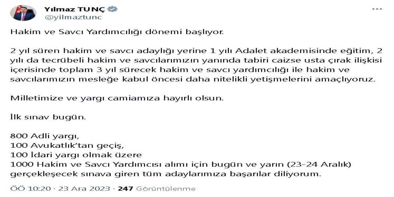 Bakan Tunç: Hakim Ve Savcı Yardımcılığı Dönemi Başlıyor