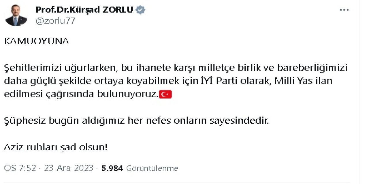 İyi Parti'den 'Milli Yas' Çağrısı