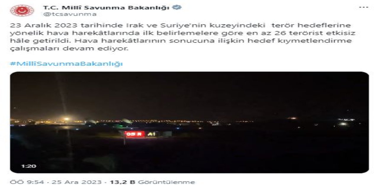 Msb: Hava Harekatlarında En Az 26 Terörist Etkisiz Hale Getirildi