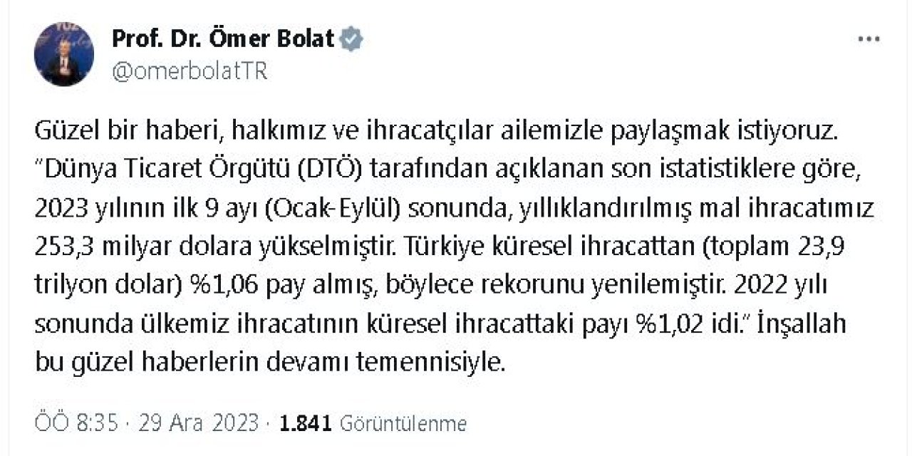 Bakan Bolat: Türkiye Küresel İhracattan Yüzde 1,06 Pay Aldı