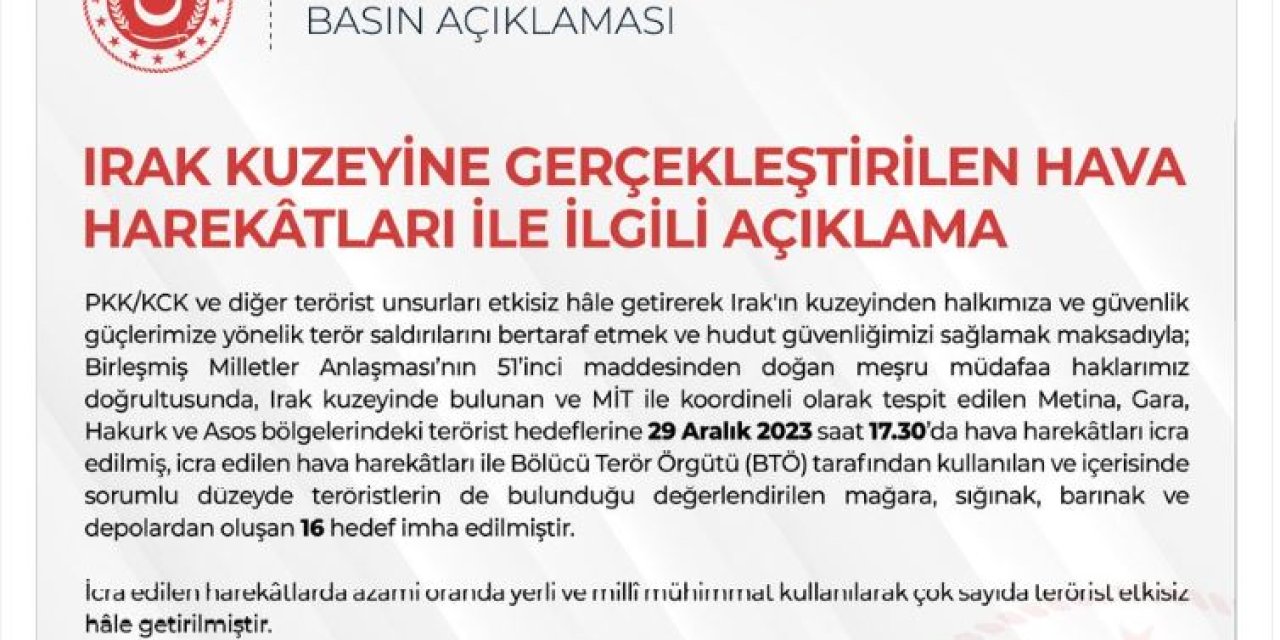 Irak'ın Kuzeyine Hava Harekatı; 16 Hedef İmha Edildi