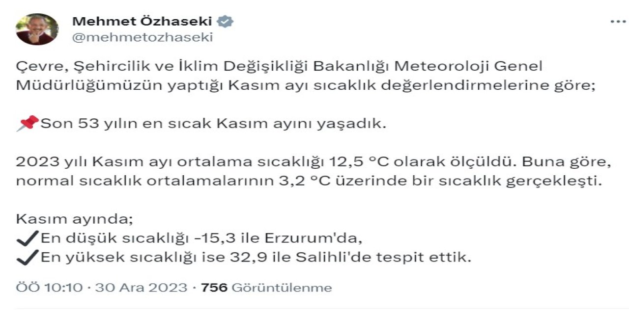 Bakan Özhaseki: Son 53 Yılın En Sıcak Kasım Ayını Yaşadık