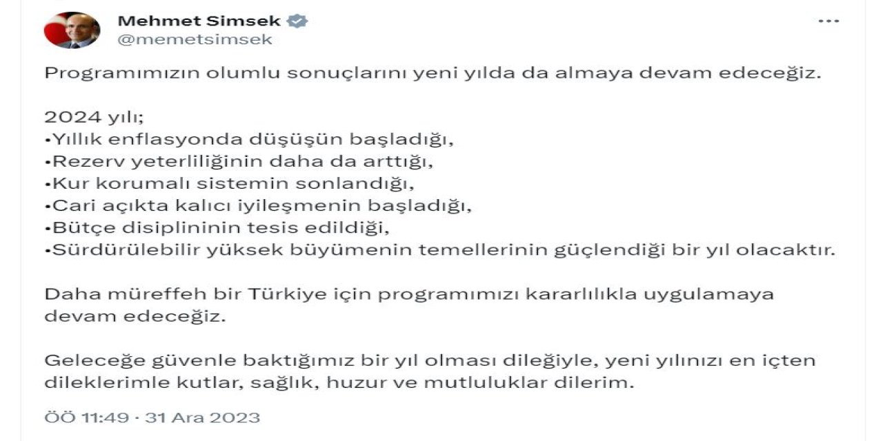 Bakan Şimşek: 2024, Enflasyonda Düşüşün Başladığı Bir Yıl Olacak