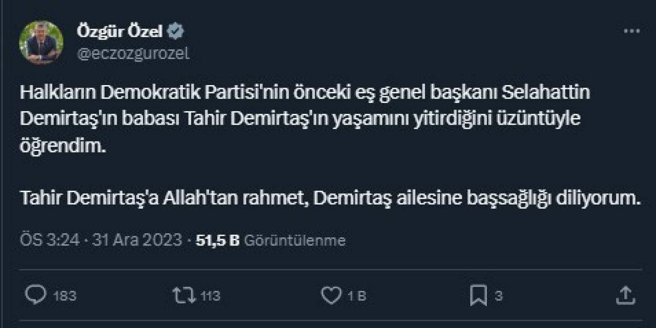 Özgür Özel: Demirtaş Ailesine Başsağlığı Diliyorum