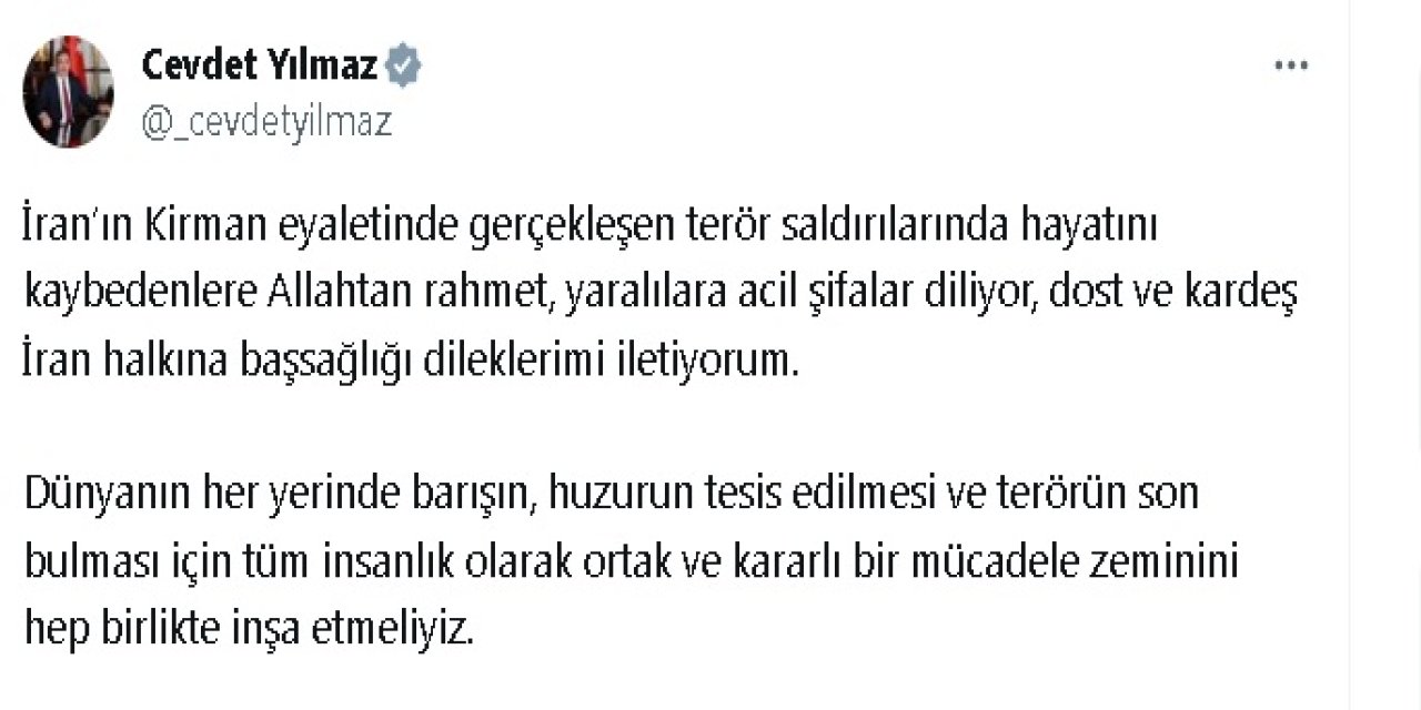 Cumhurbaşkanı Yardımcısı Yılmaz'dan İran'a Taziye Mesajı
