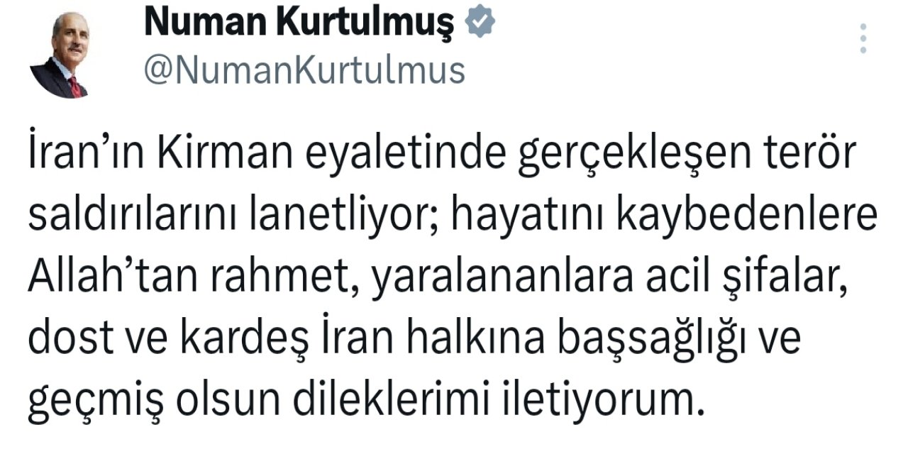 Tbmm Başkanı Kurtulmuş'tan İran'a Taziye Mesajı