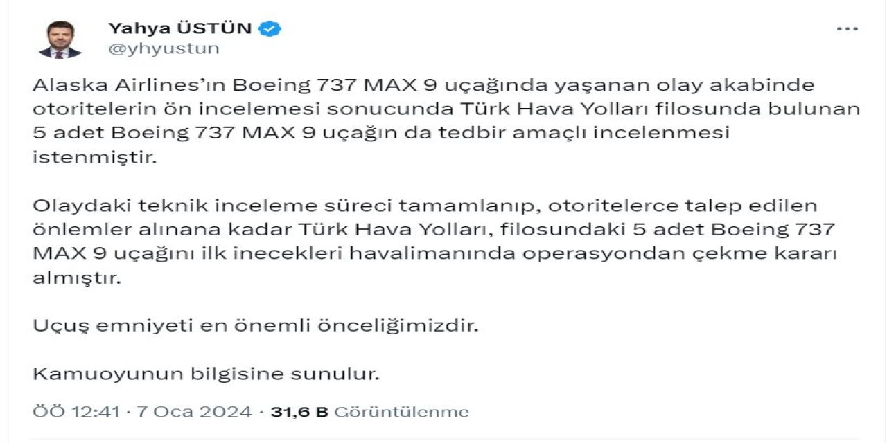 Thy, Boeing 737 Max 9 Tipi Uçakları Operasyondan Çekti