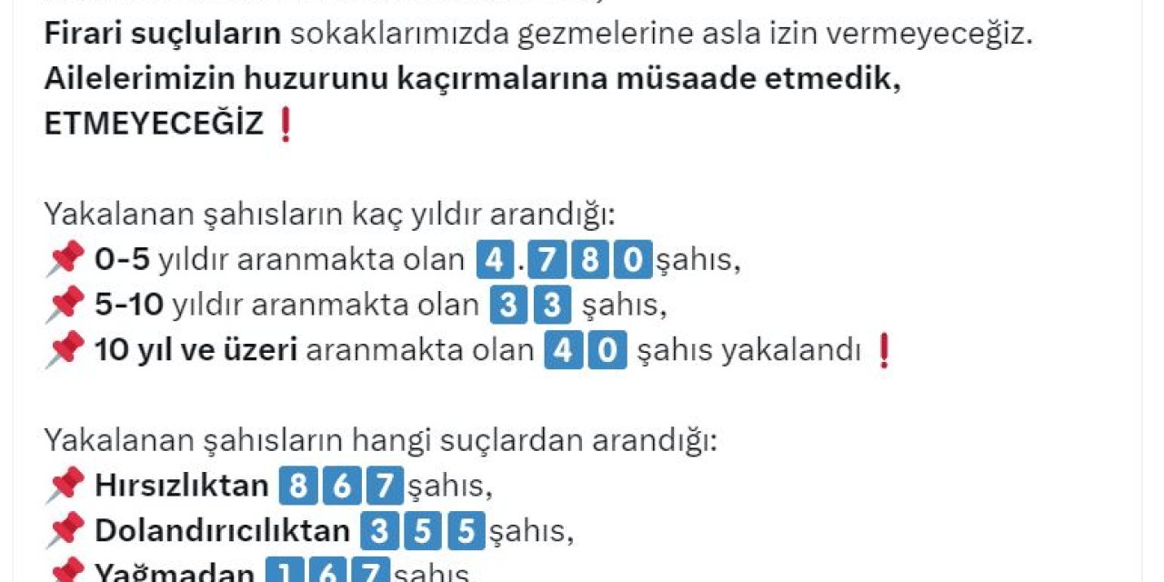 Bakan Yerlikaya: 4 Bin 853 Firari Yakalandı