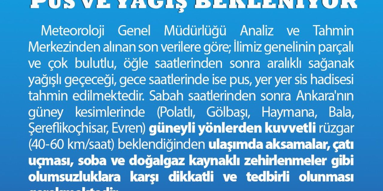 Ankara Valiliği'nden 'Kuvvetli Rüzgar' Uyarısı