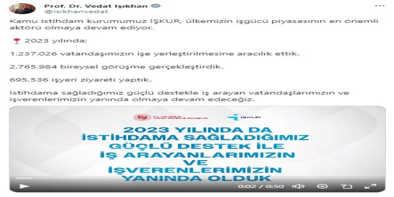 Bakan Işıkhan: İşkur, 1 Milyon 237 Bin 26 İstihdama Aracılık Etti
