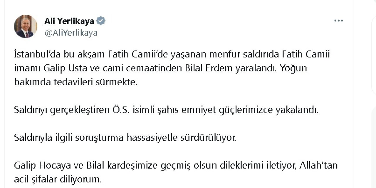 Bakan Yerlikaya: Yoğun Bakımda Tedavileri Sürmekte