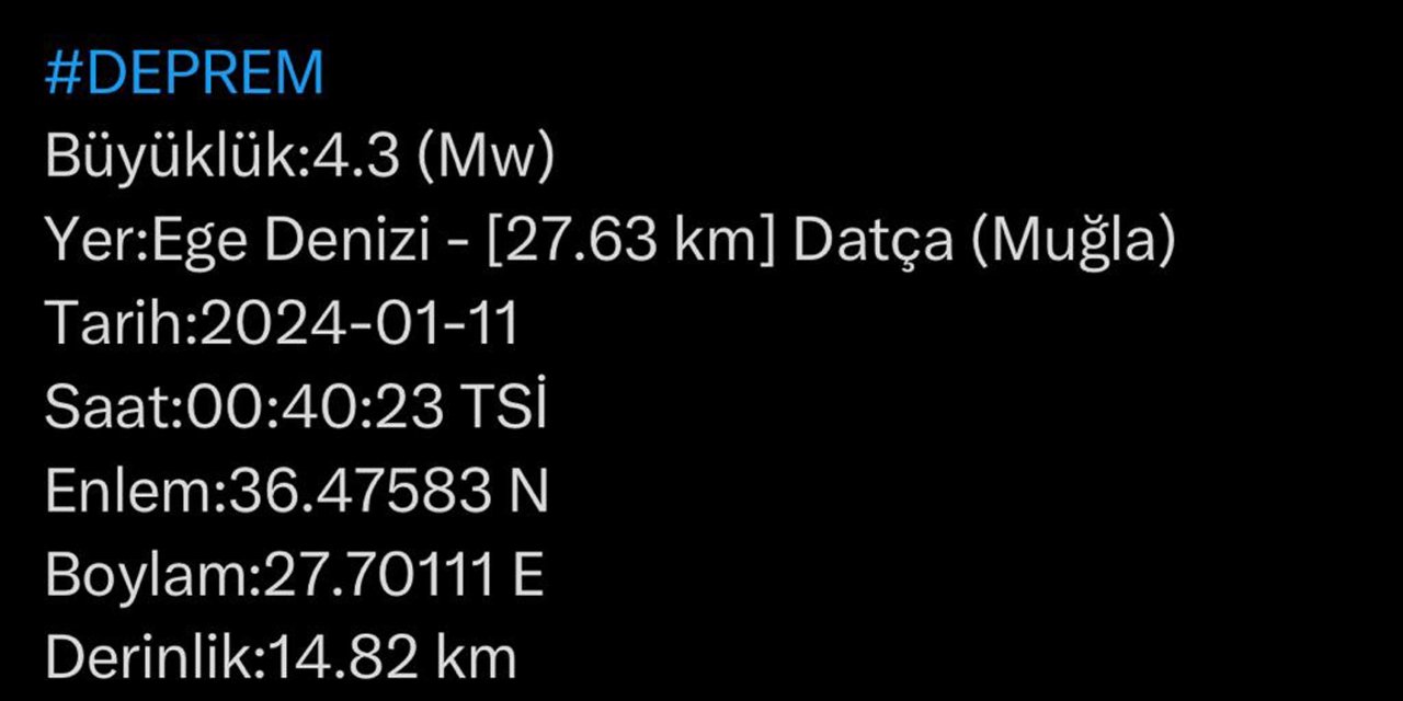 Muğla'da 4,3 Büyüklüğünde Deprem