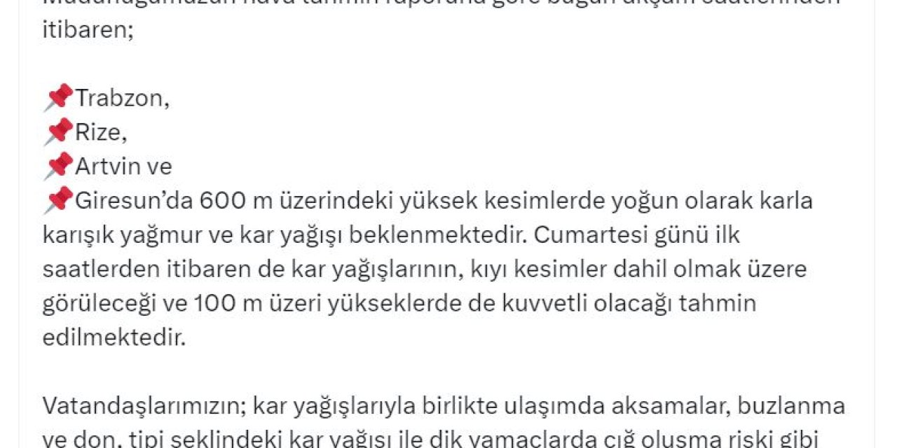 Bakan Özhaseki'den Doğu Karadeniz İçin 'Kar' Uyarısı