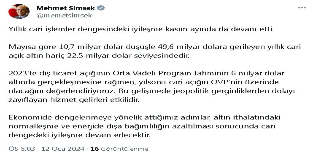Bakan Şimşek: Cari İşlemler Dengesindeki İyileşme Kasımda Devam Etti