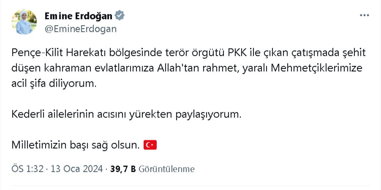 Emine Erdoğan'dan Şehitler İçin Başsağlığı Mesajı
