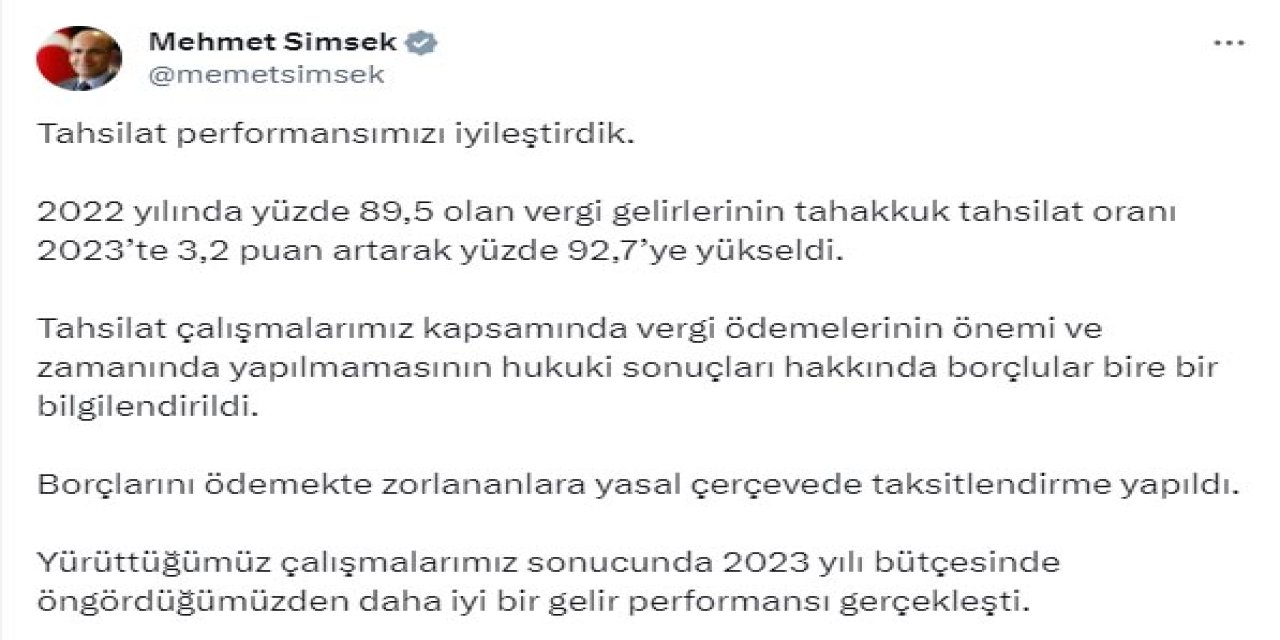 Bakan Şimşek: Tahsilat Performansımızı İyileştirdik