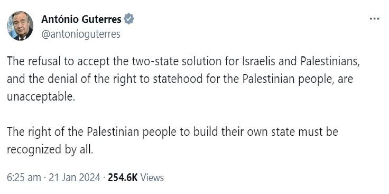 Guterres: Filistin Halkının Devlet Kurma Hakkı Herkes Tarafından Tanınmalıdır