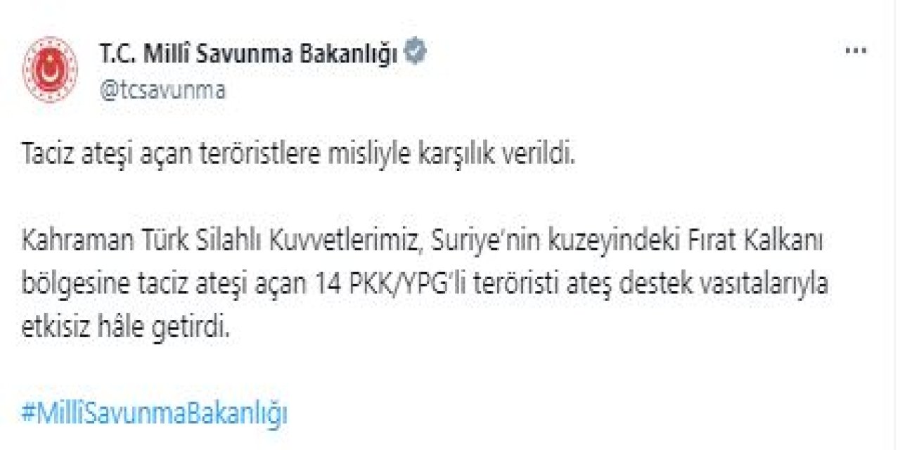 Msb: 14 Pkk/ypg'li Terörist Etkisiz Hale Getirildi