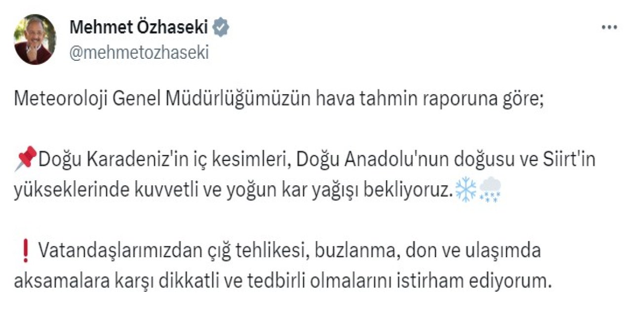Bakan Özhaseki'den Kar Uyarısı