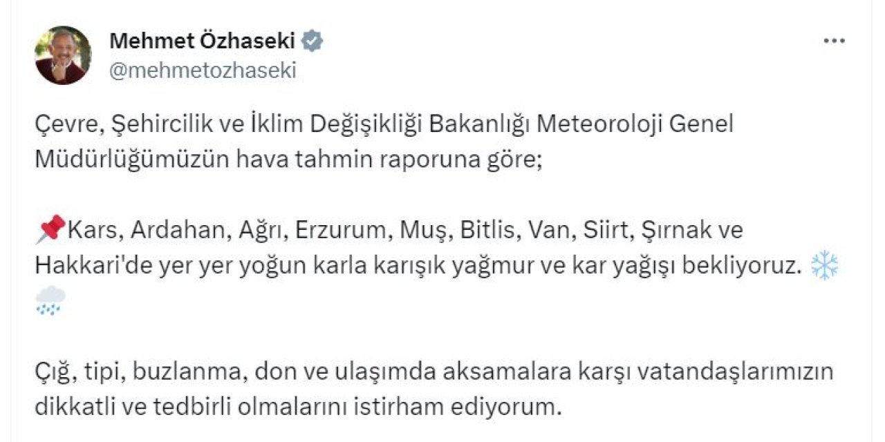Bakan Özhaseki'den 10 İl İçin 'Kar' Uyurası