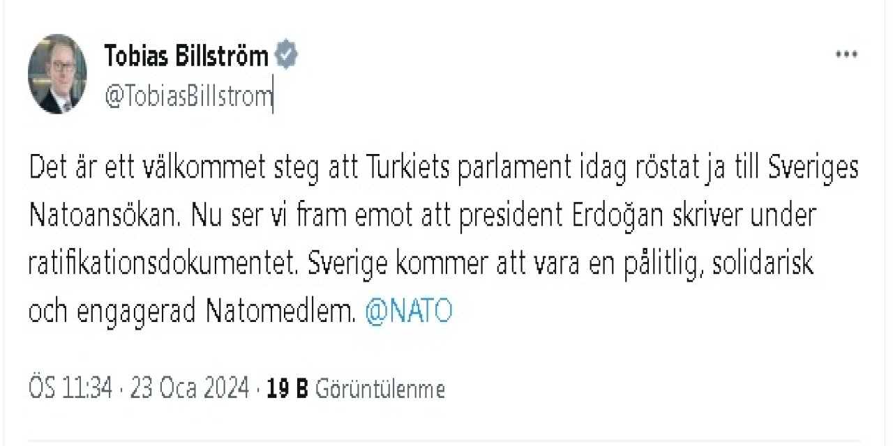 İsveç Dışişleri Bakanı Billström: Şimdi Cumhurbaşkanı Erdoğan'ın Onay Belgesini İmzalamasını Bekliyoruz