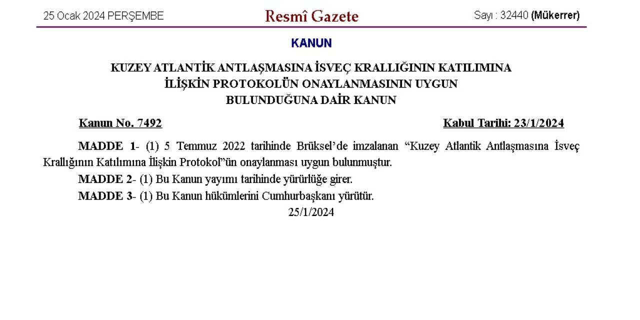 Tbmm'nin İsveç Kararı Resmi Gazete'de Yayınlandı