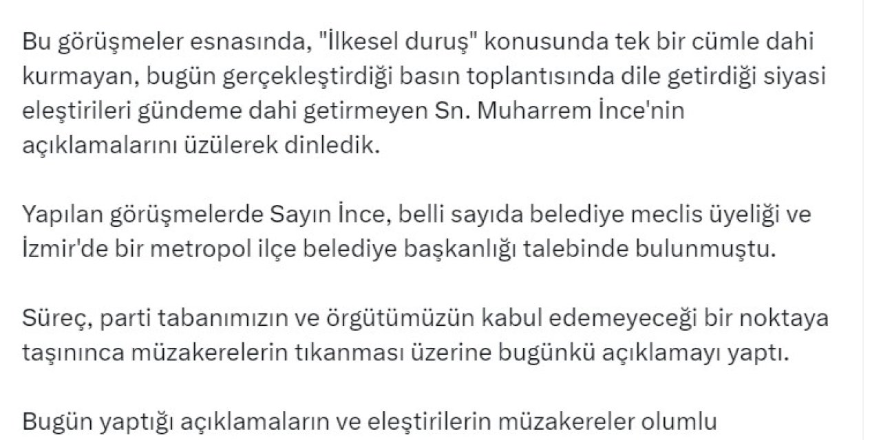Chp'li Yücel: Muharrem İnce, Belediye Meclis Üyeliği Ve İlçe Belediye Başkanlığı Talep Etti