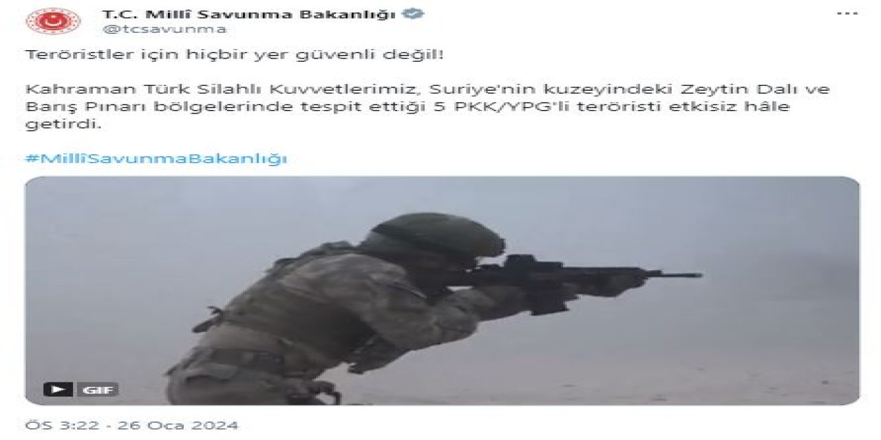 Msb: 5 Pkk/ypg'li Terörist Etkisiz Hale Getirildi