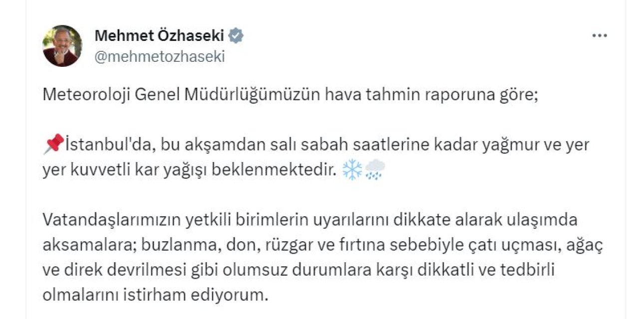 Bakan Özhaseki'den İstanbul İçin 'Kar' Uyarısı