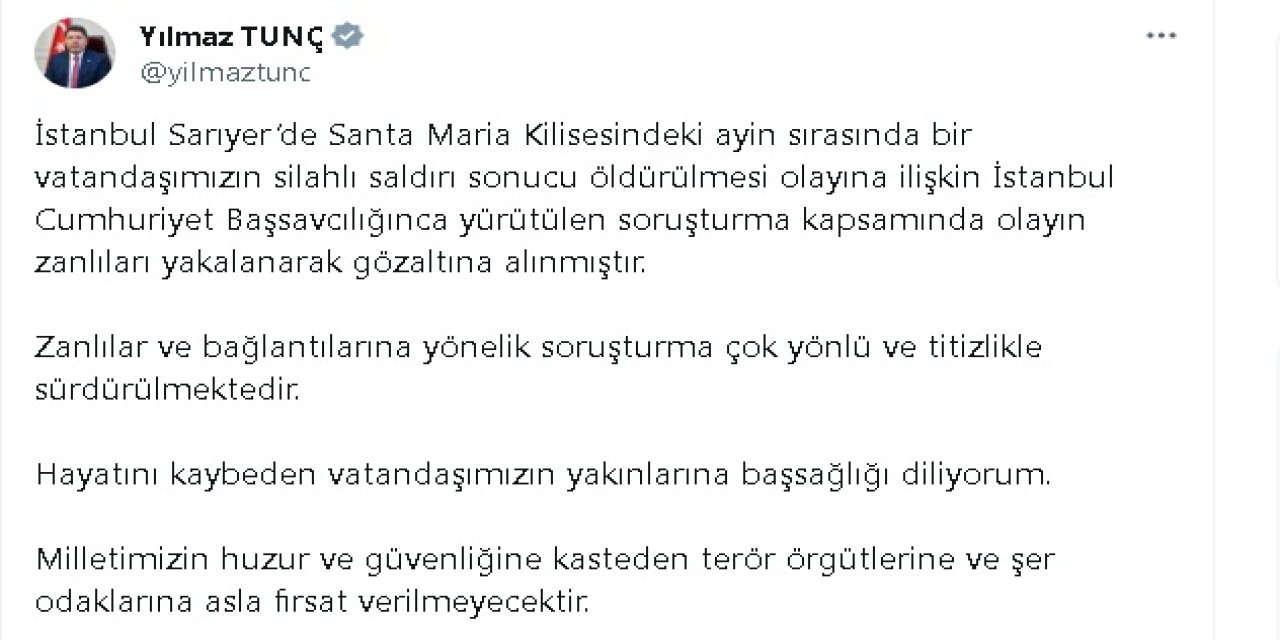 Bakan Tunç: Zanlılar Ve Bağlantılarına Yönelik Soruşturma Çok Yönlü Sürdürülüyor