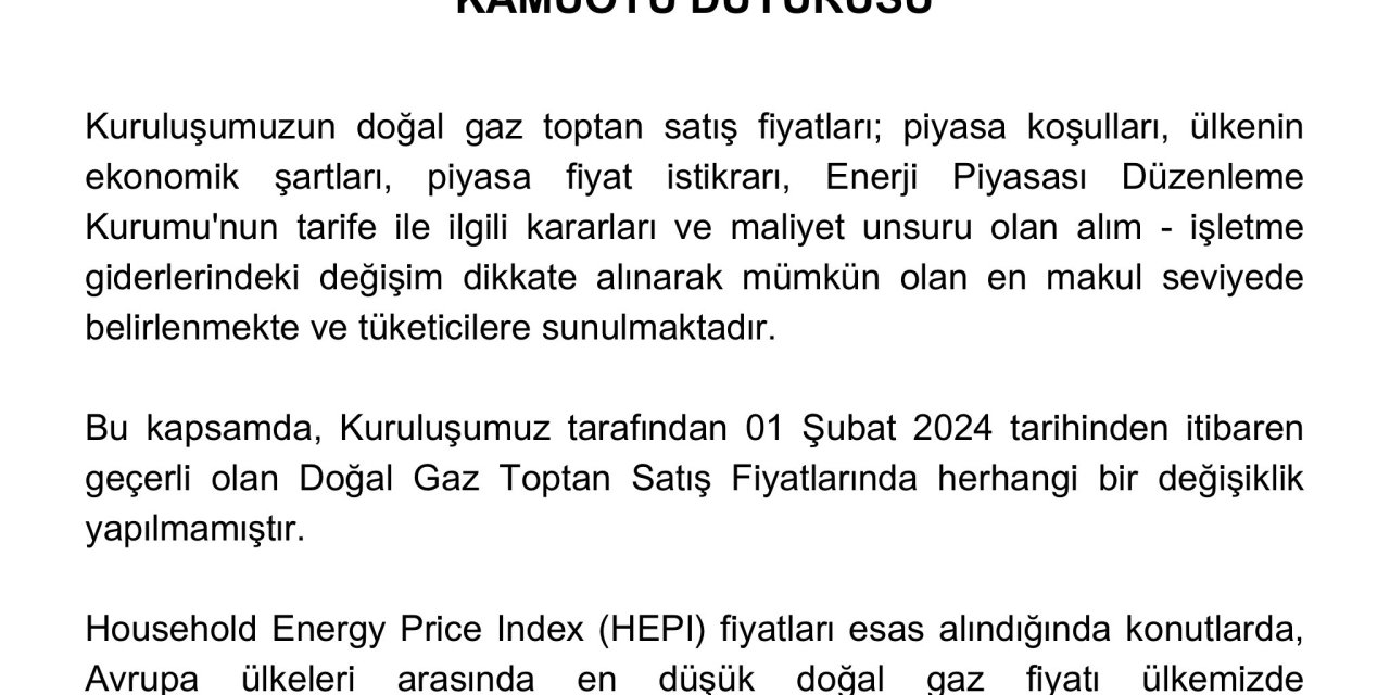 Botaş: Şubatta Doğal Gaz Fiyatlarında Değişik Yapılmadı