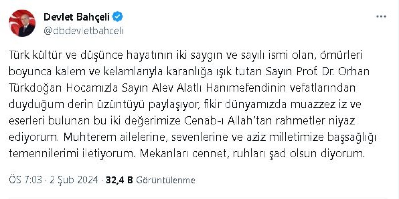 Bahçeli'den, Türkdoğan Ve Alatlı İçin Taziye Mesajı