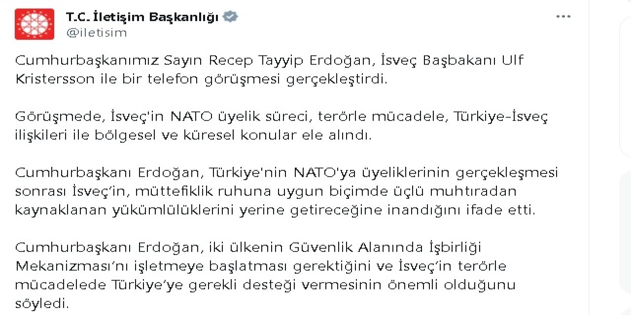 Erdoğan, İsveç Başbakanı Kristersson İle Telefonla Görüştü