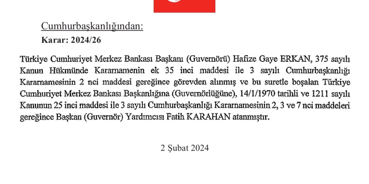 Fatih Karahan, Merkez Bankası Başkanlığına Getirildi