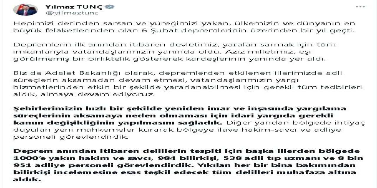 Tunç: Deprem Bölgesine İlişkin Soruşturmalarda 2 Bin 825 Şüpheliye İşlem Yapıldı