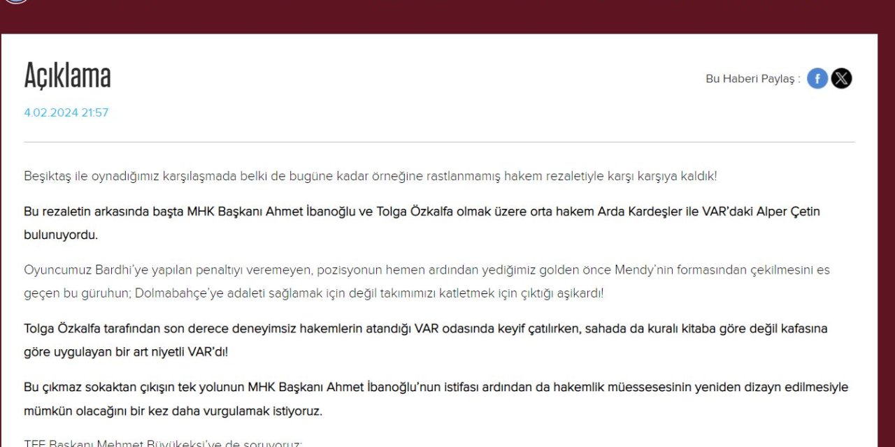 Trabzonspor'dan Hakem Ve Var'a Sert Tepki