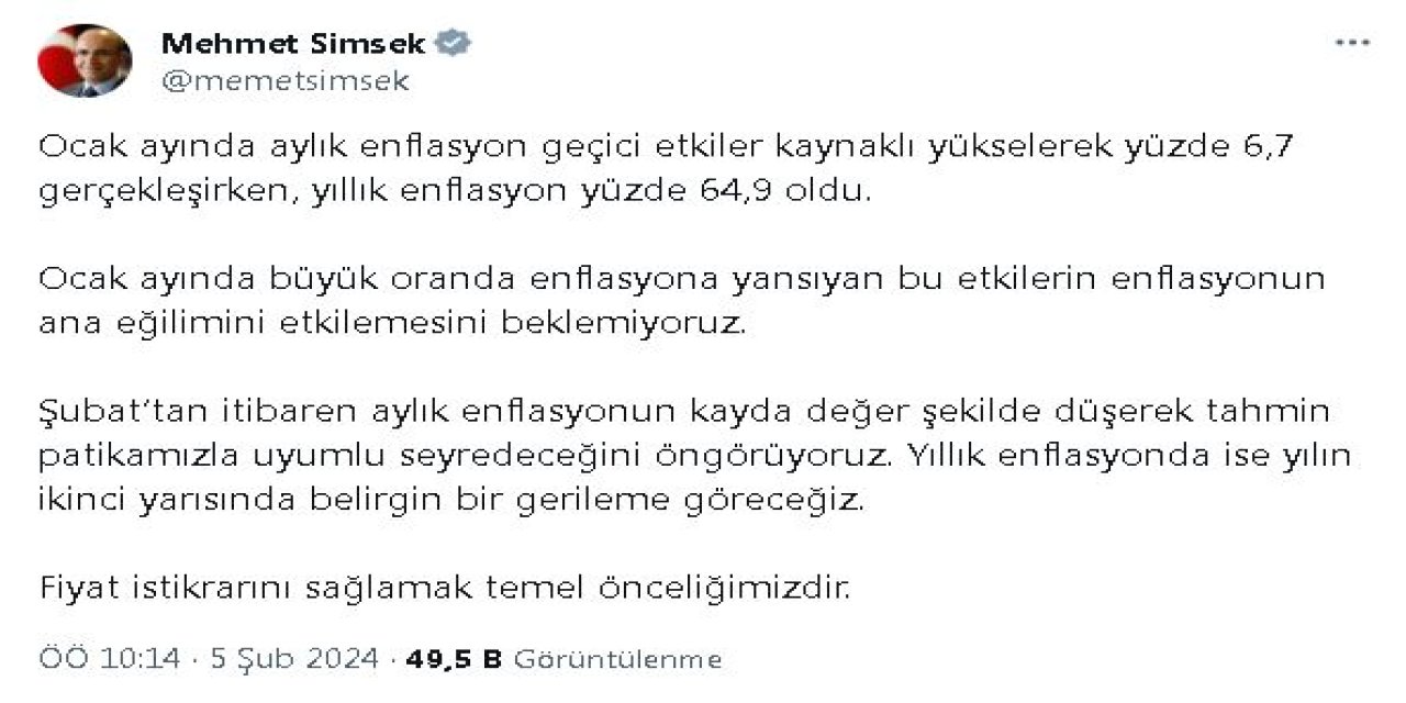 Bakan Şimşek: Aylık Enflasyon, Şubattan İtibaren Düşecek