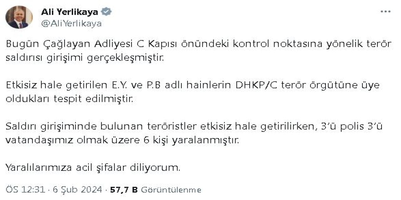 Bakan Yerlikaya: Çağlayan Adliyesi'ne Yönelik Saldırı Girişiminde 2 Kişi Ölü Olarak Ele Geçirildi (2)