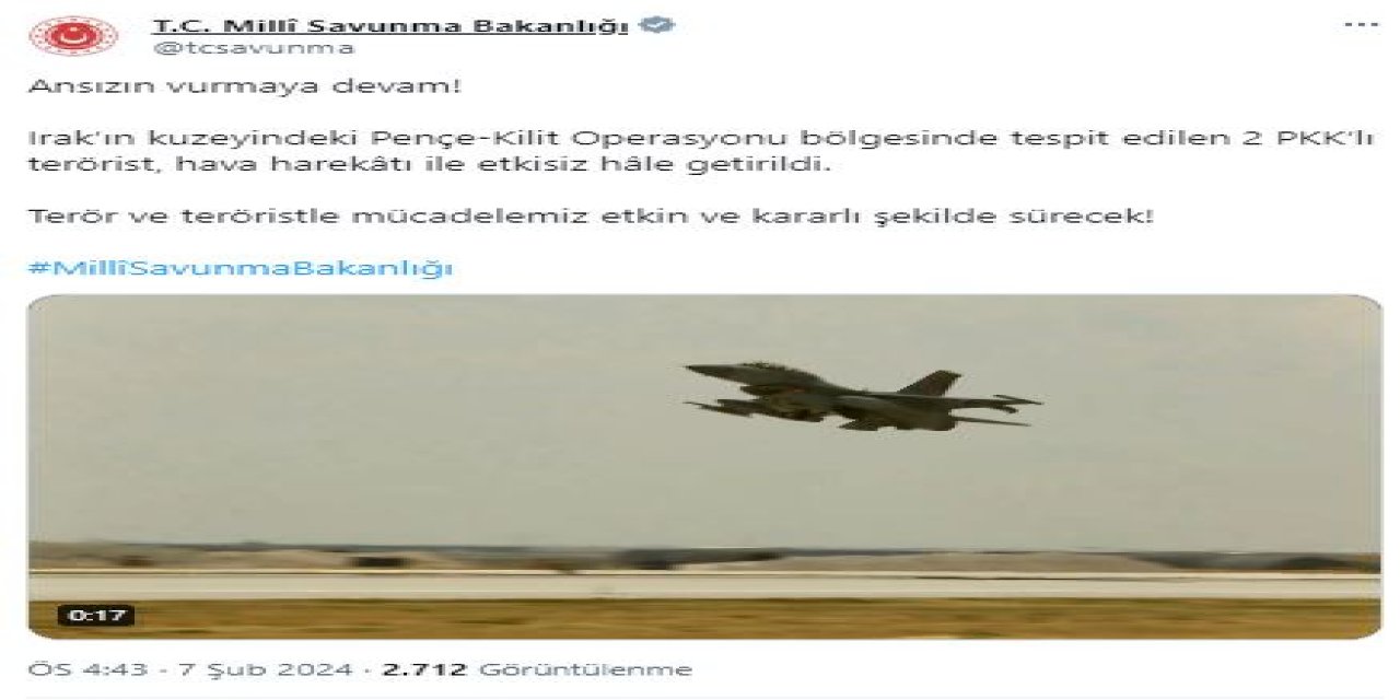 Msb: 2 Pkk'lı Terörist Etkisiz Hale Getirildi