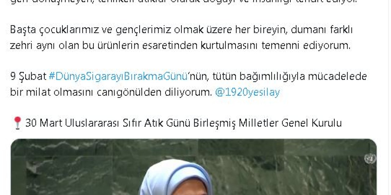 Emine Erdoğan'dan 'Dünya Sigarayı Bırakma Günü' Mesajı