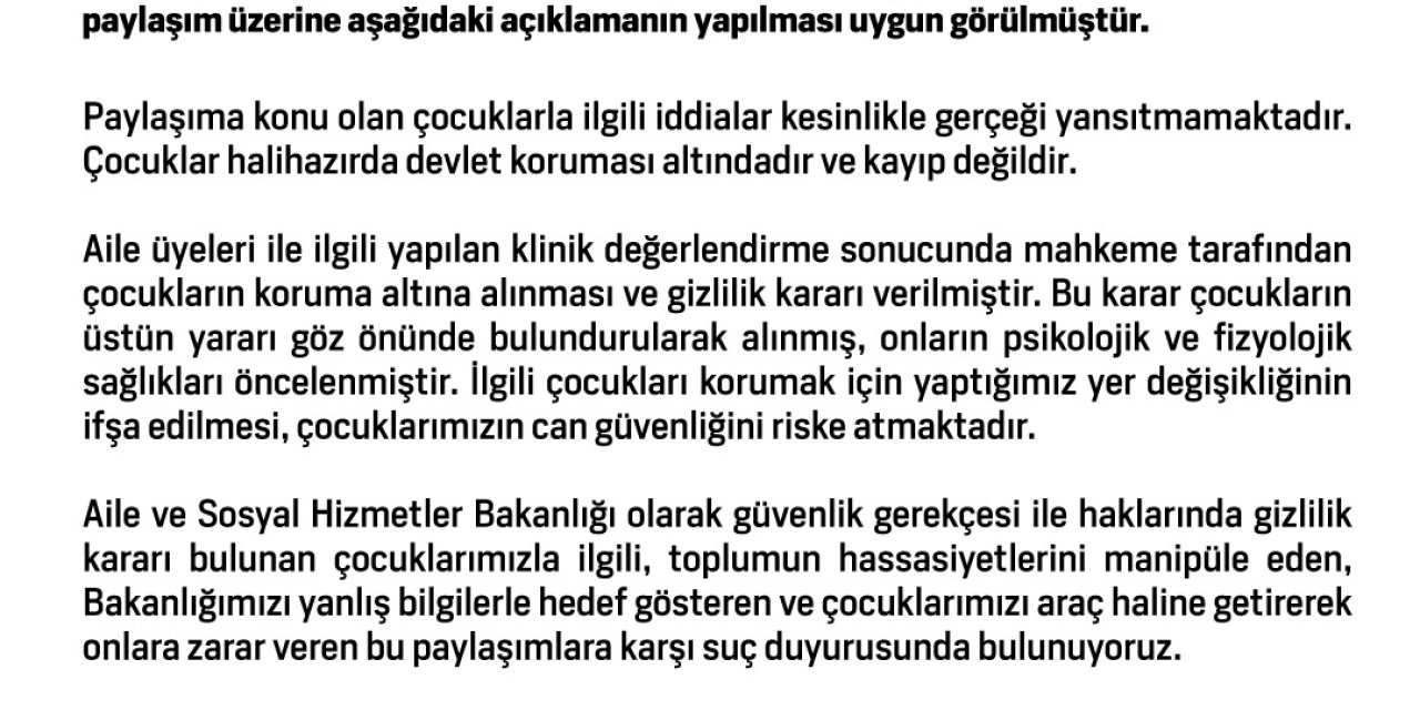 Bakanlıktan 'Kayıp Çocuk' Paylaşımına Suç Duyurusu