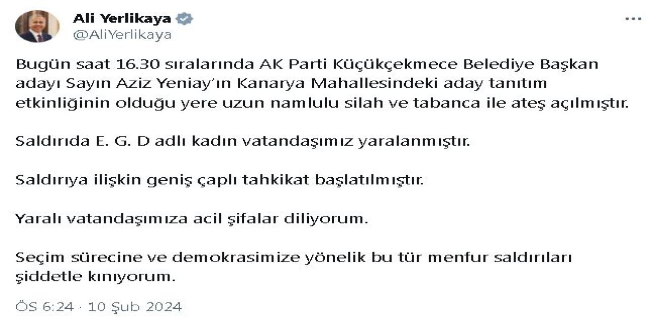 Bakan Yerlikaya: İstanbul'da Belediye Başkan Adayı Tanıtımına Silahlı Saldırıda 1 Kişi Yaralandı