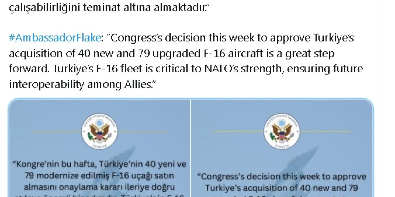 Abd Büyükelçisi Flake: Türkiye'nin F-16 Satın Almasının Onaylanması Kararı Önemli Bir Adım