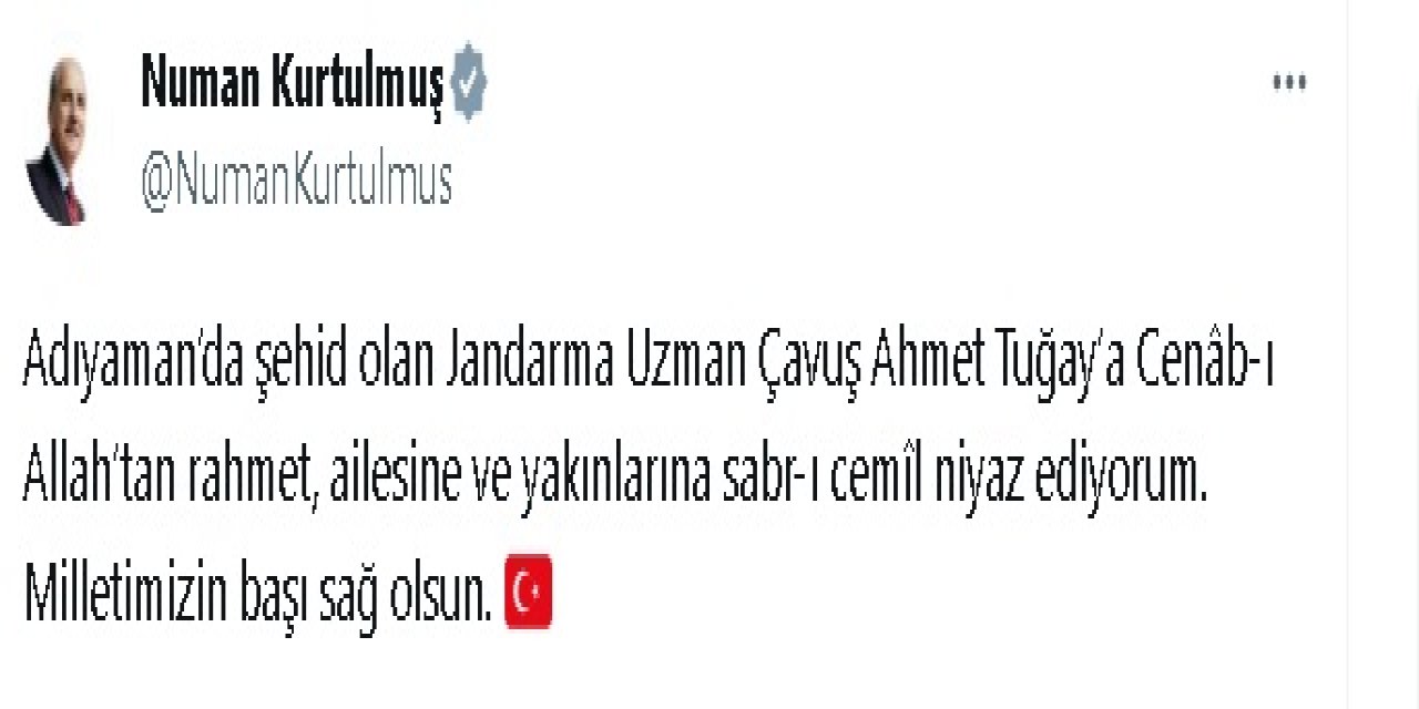 Tbmm Başkanı Kurtulmuş'tan Şehit Tuğay İçin Taziye Mesajı
