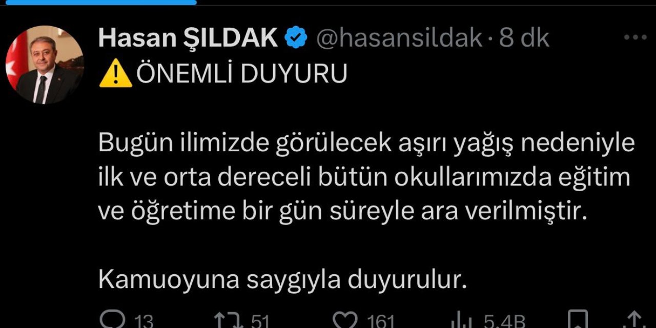 Şanlıurfa'da Sağanak Nedeniyle Okullar 1 Gün Tatil Edildi