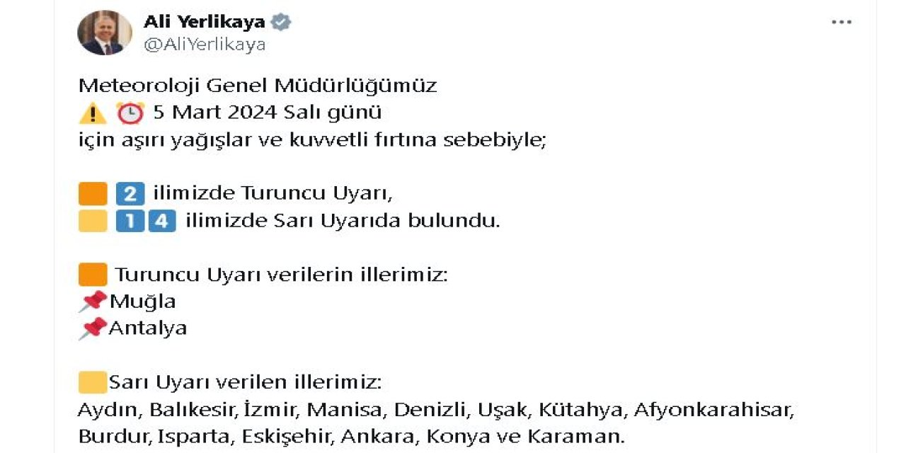 Meteoroloji, 2 İl İçin 'Turuncu' 14 İl İçin 'Sarı' Uyarı Verdi