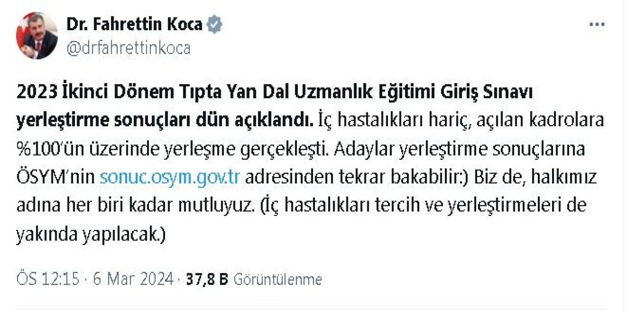 Bakan Koca: Yeni Açılan 541 Kadroya 545 Hekim Yerleştirildi