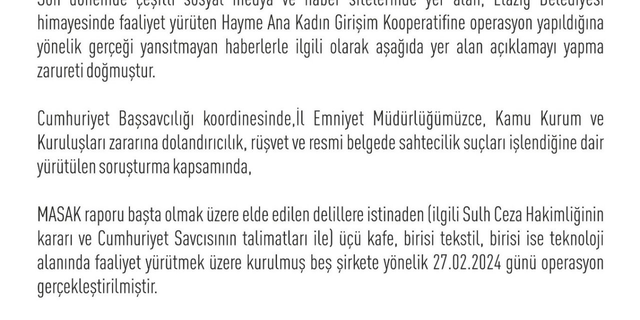 Elazığ Valiliği'nden 'Cımbız 2' Operasyonu Açıklaması